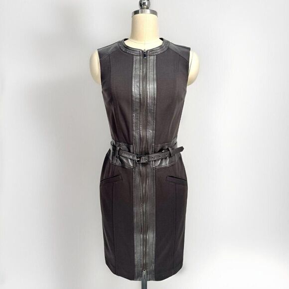 New W By WORTH Dress Brown 4 Or Small Front Zip Faux Leather Trim  Work Career - Picture 1 of 9